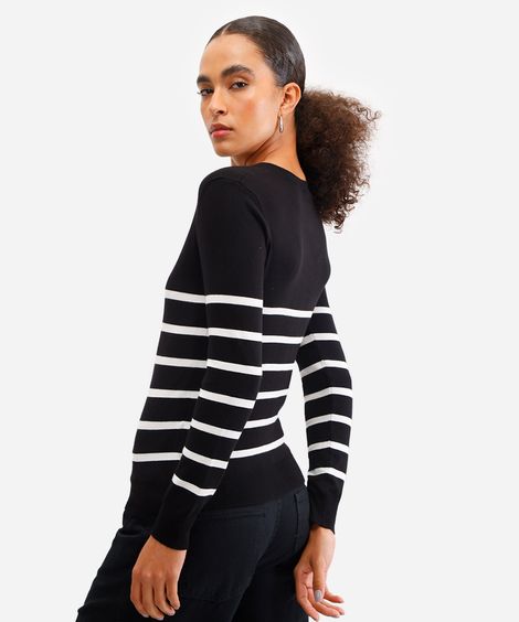 suéter básico feminino de tricot gola v listrado preto