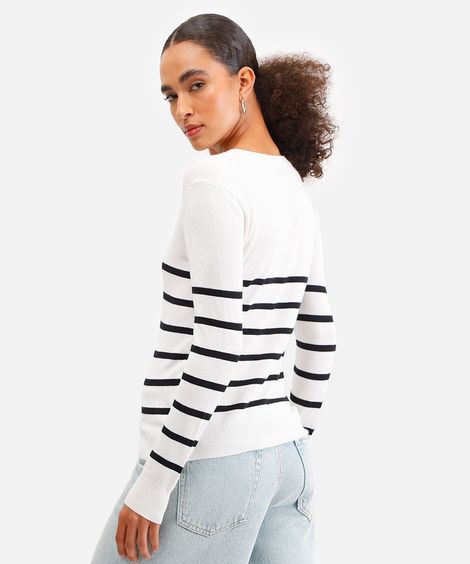 suéter básico feminino de tricot gola v listrado off white