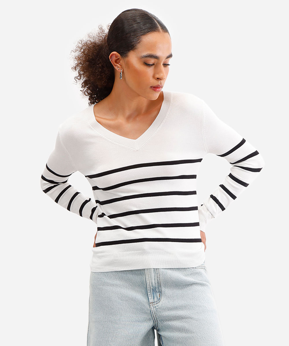 suéter básico feminino de tricot gola v listrado off white