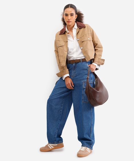 calça baggy cargo feminina jeans azul