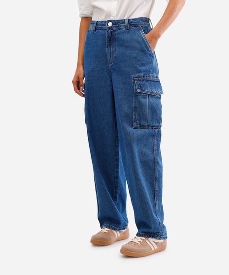 calça baggy cargo feminina jeans azul