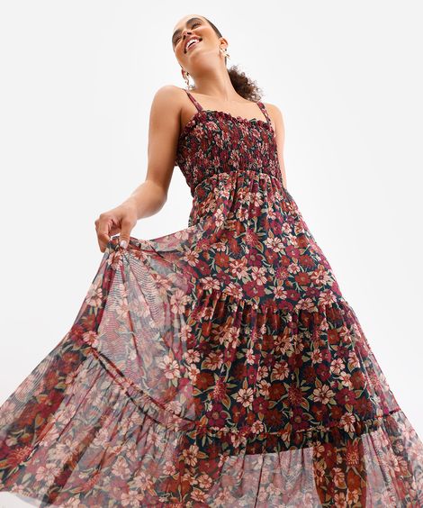 vestido midi feminino de tule floral verde