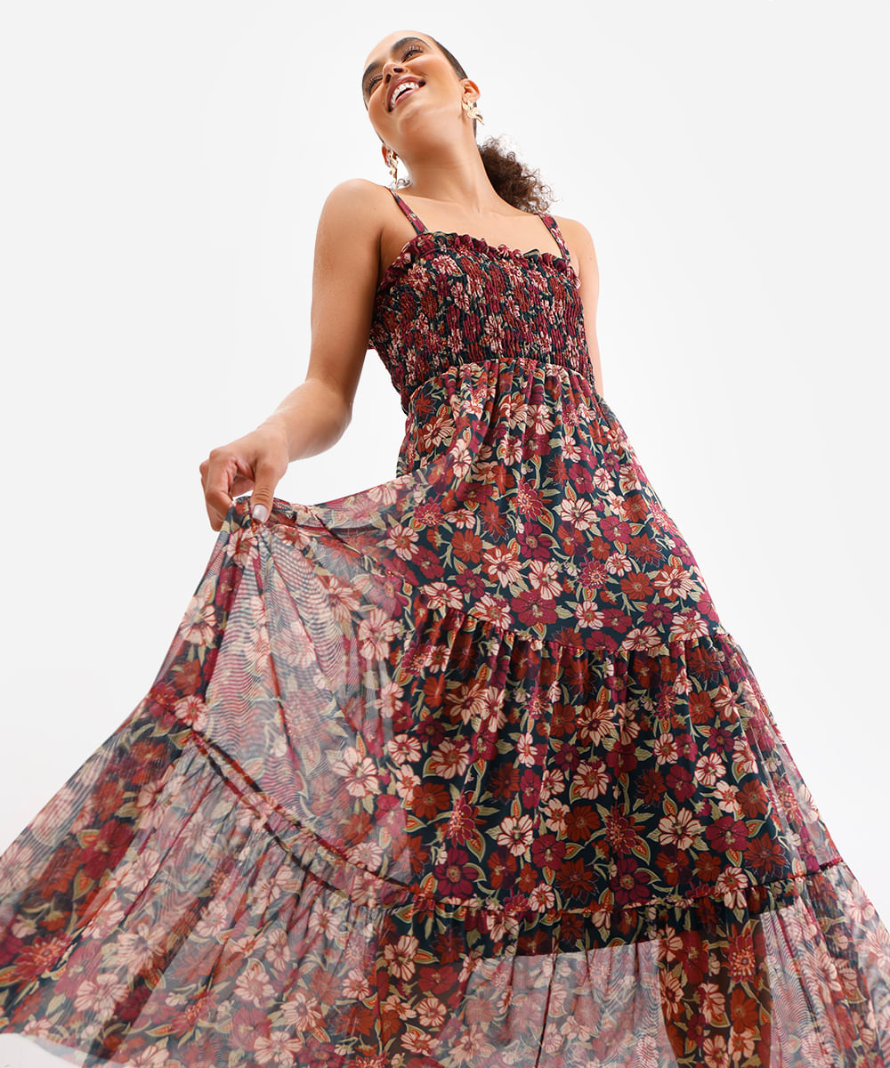 vestido midi feminino de tule floral verde
