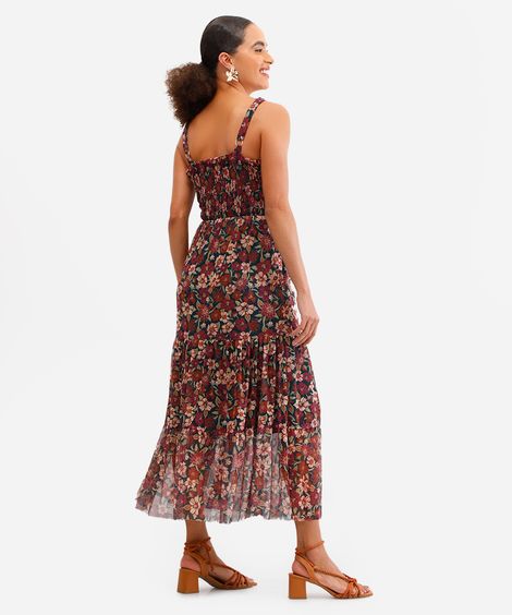 vestido midi feminino de tule floral verde