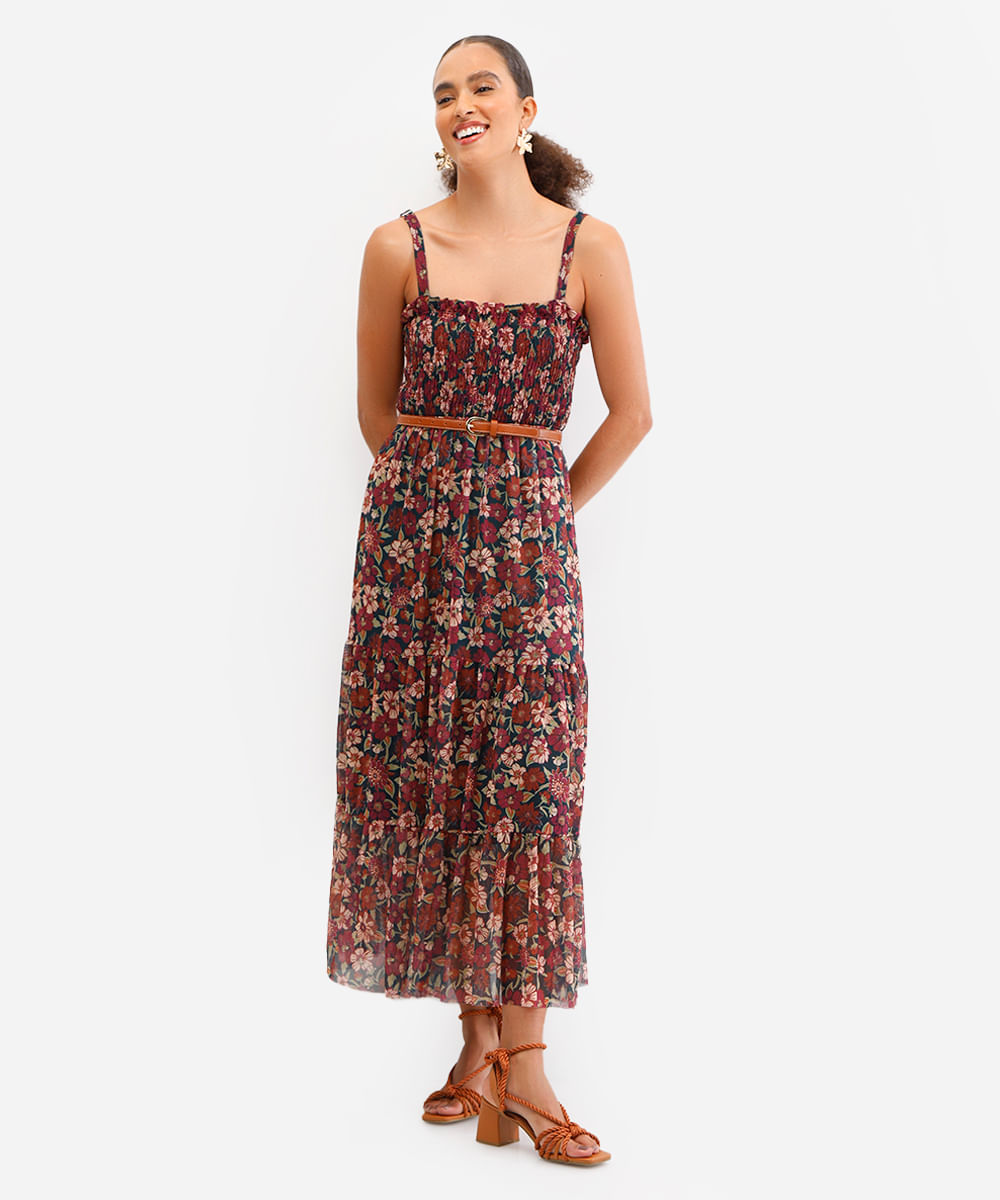 vestido midi feminino de tule floral verde