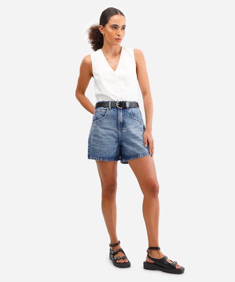 short feminino jeans cintura alta azul