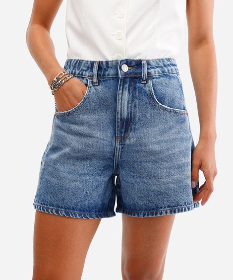 short feminino jeans cintura alta azul
