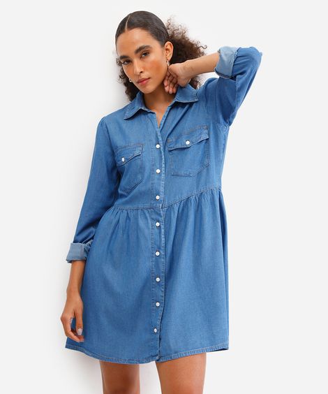 chemise curto feminino jeans manga longa azul