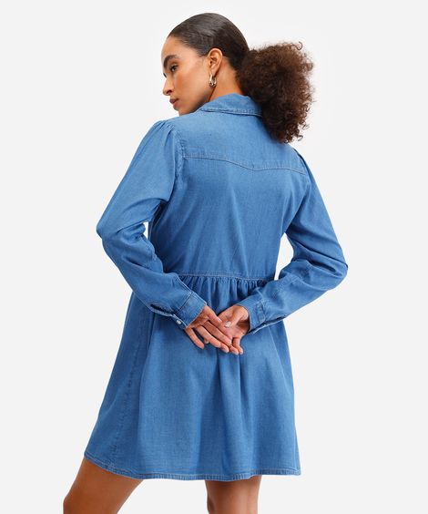 chemise curto feminino jeans manga longa azul