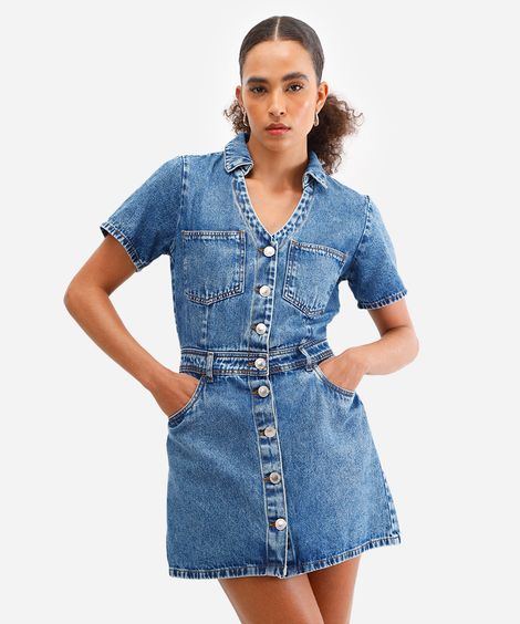 vestido curto feminino jeans decote v azul