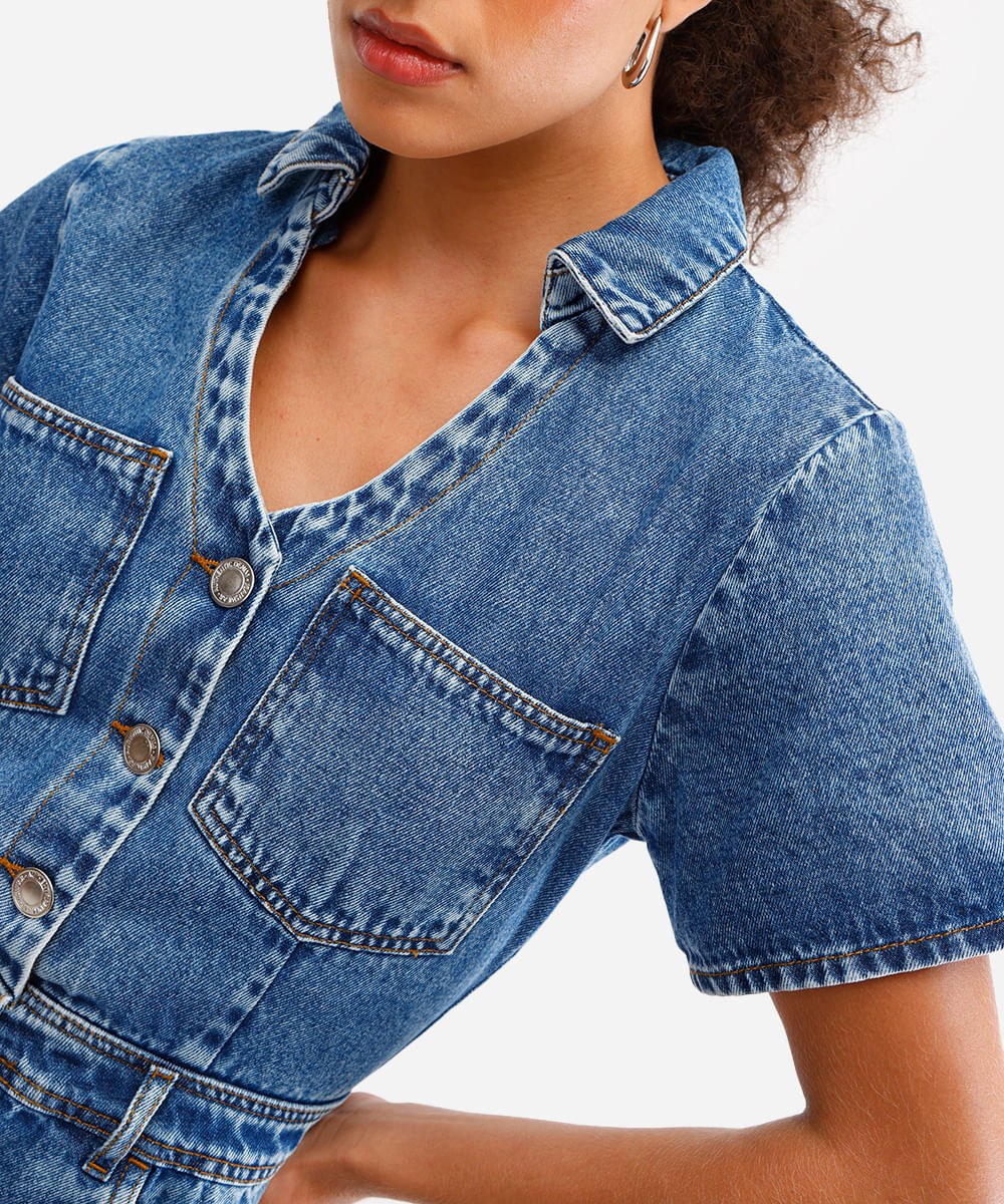 vestido curto feminino jeans decote v azul