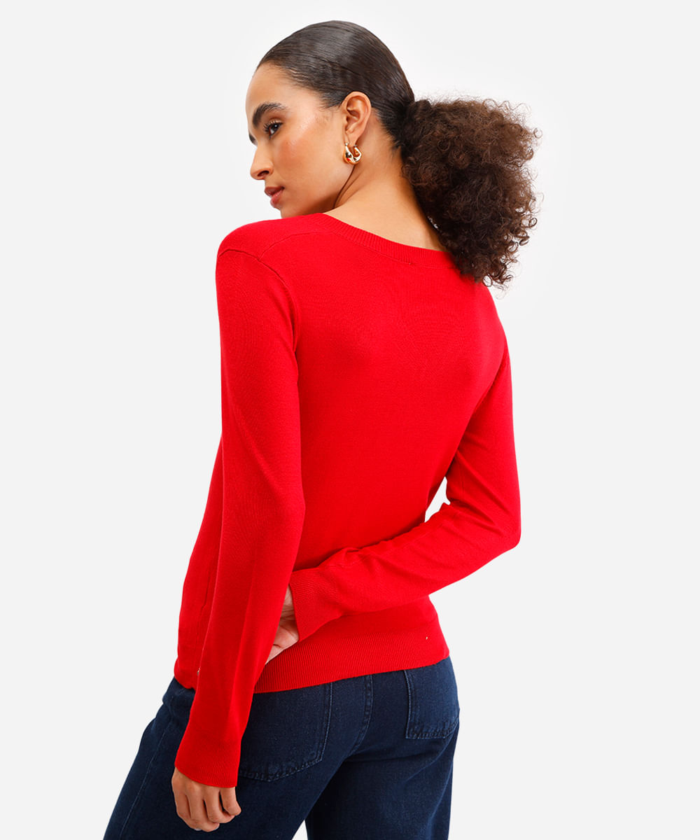 suéter básico feminino de tricot gola v vermelho