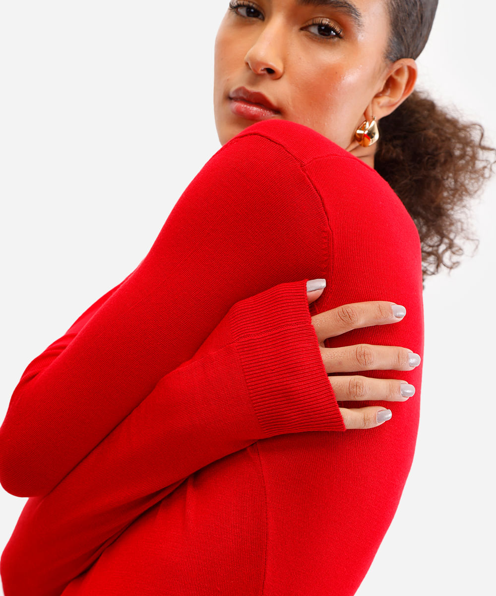 suéter básico feminino de tricot gola v vermelho