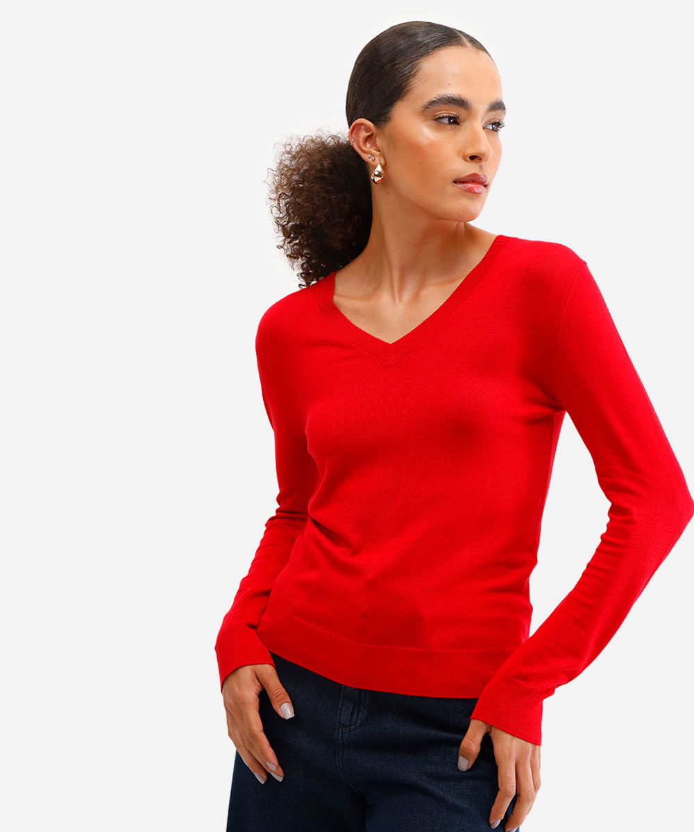 suéter básico feminino de tricot gola v vermelho