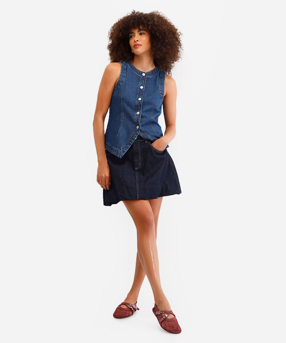 saia balonê feminina jeans cintura alta azul