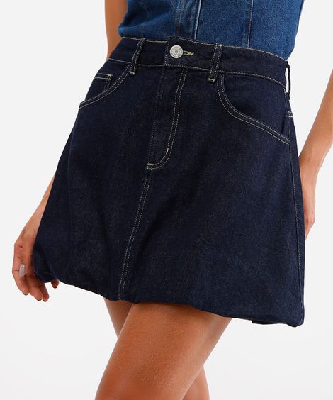 saia balonê feminina jeans cintura alta azul
