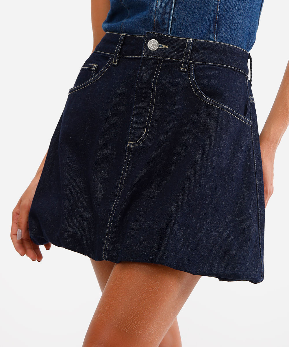 saia balonê feminina jeans cintura alta azul
