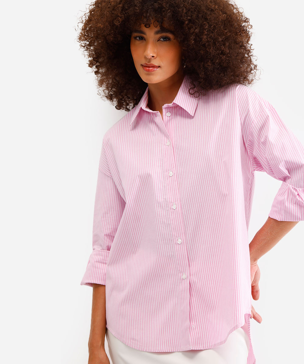 Camisa Oversized Feminina de Algodão Rosa PP