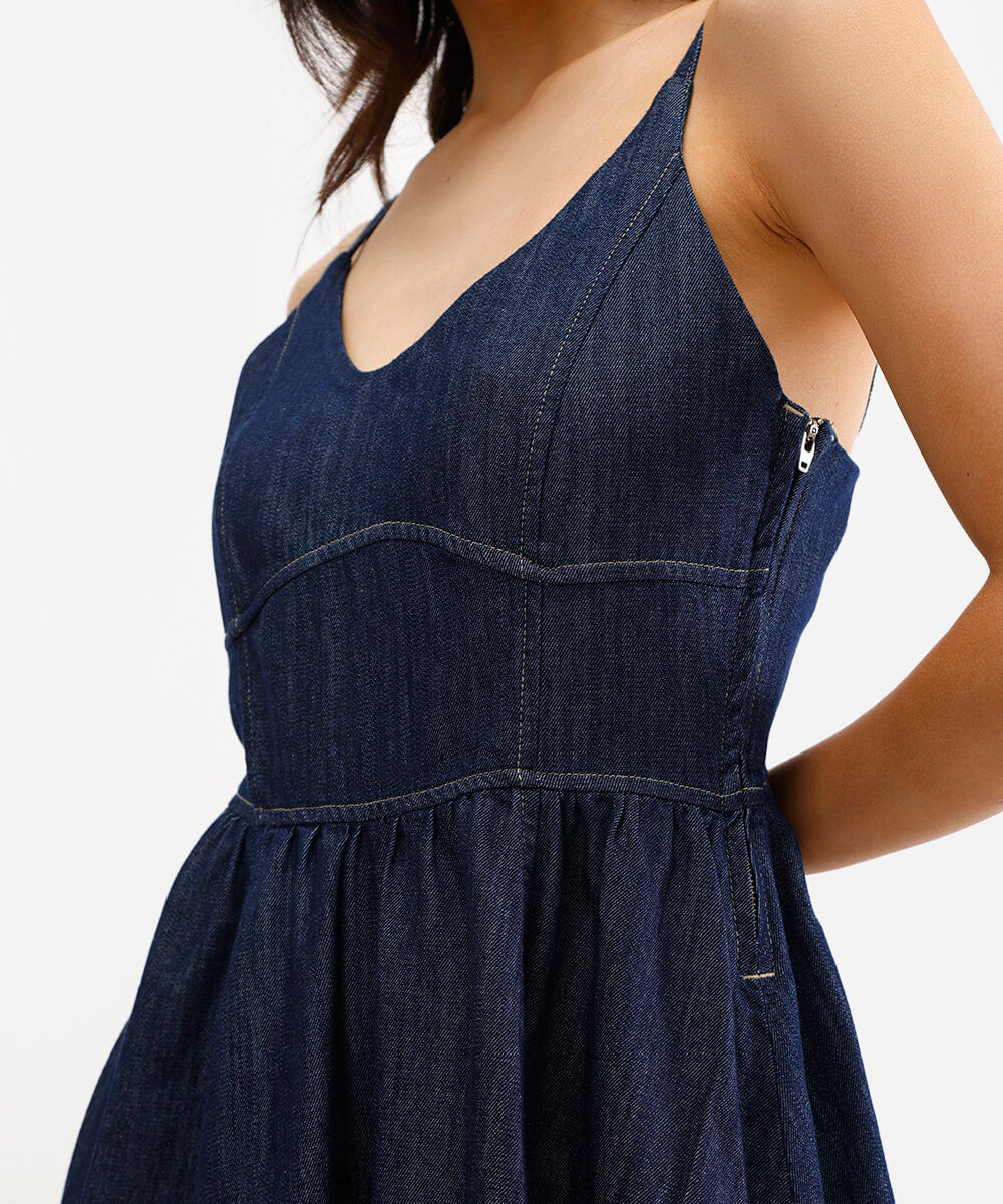 vestido curto feminino godê jeans azul