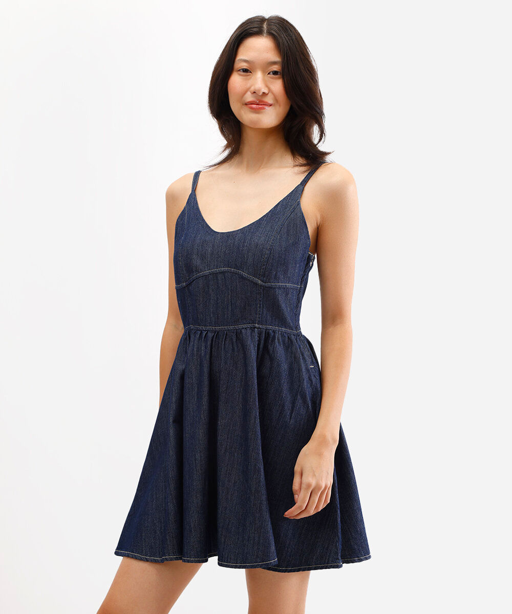 vestido curto feminino godê jeans azul