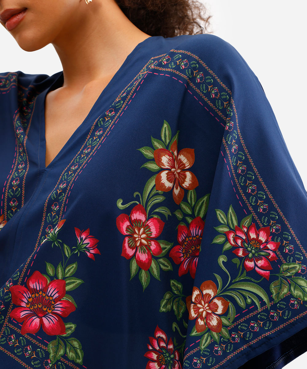 bata feminina floral manga curta azul