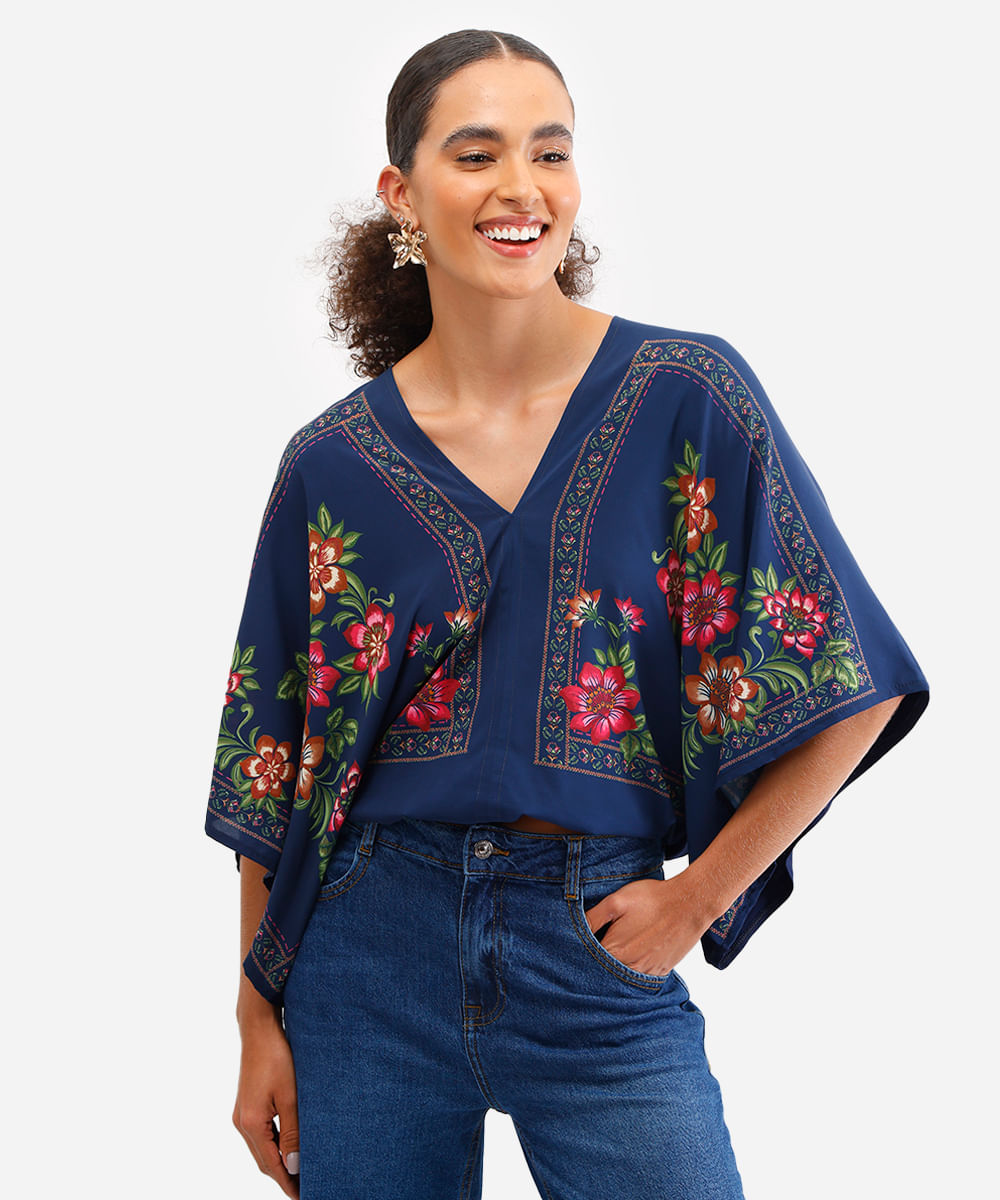 bata feminina floral manga curta azul