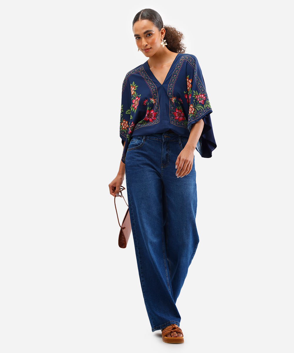 bata feminina floral manga curta azul