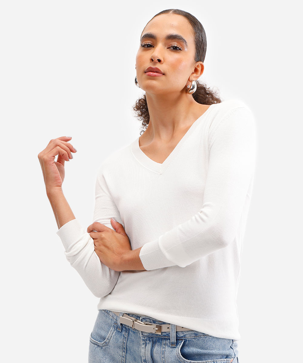 suéter básico feminino de tricot gola v off white