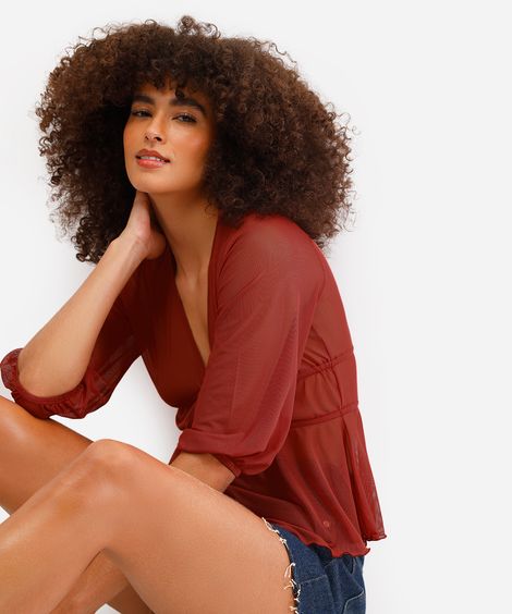 bata feminina de tule manga bufante vermelha