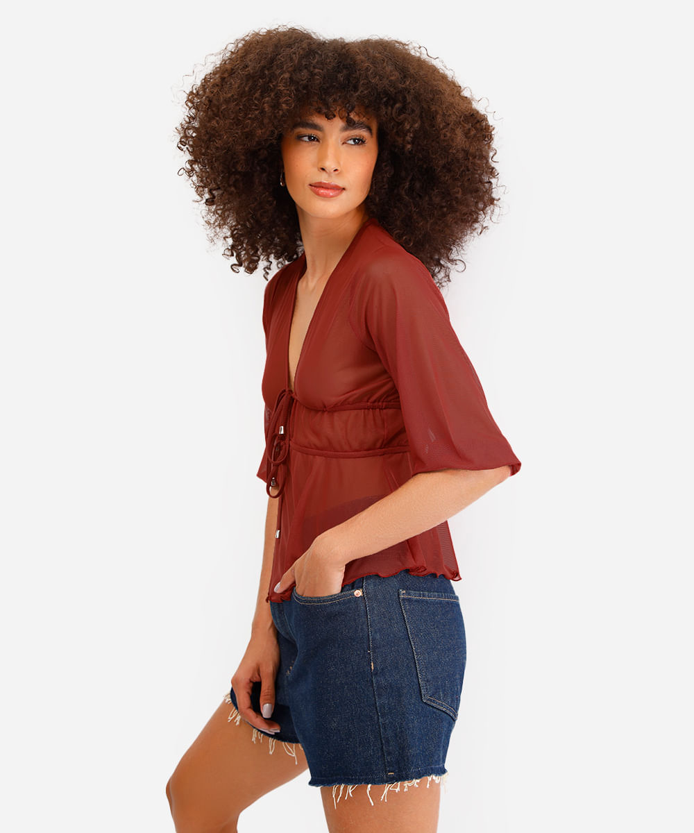bata feminina de tule manga bufante vermelha