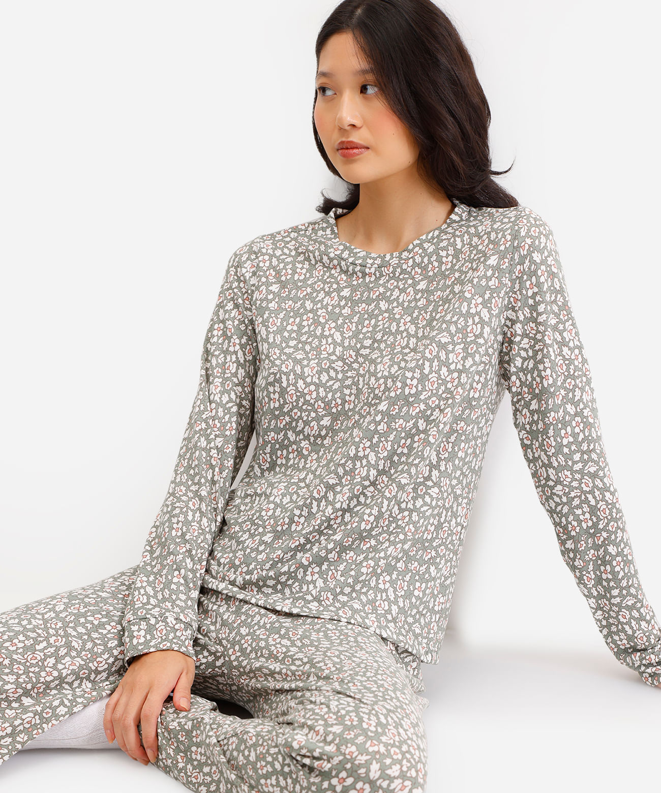 pijama longo feminino floral verde