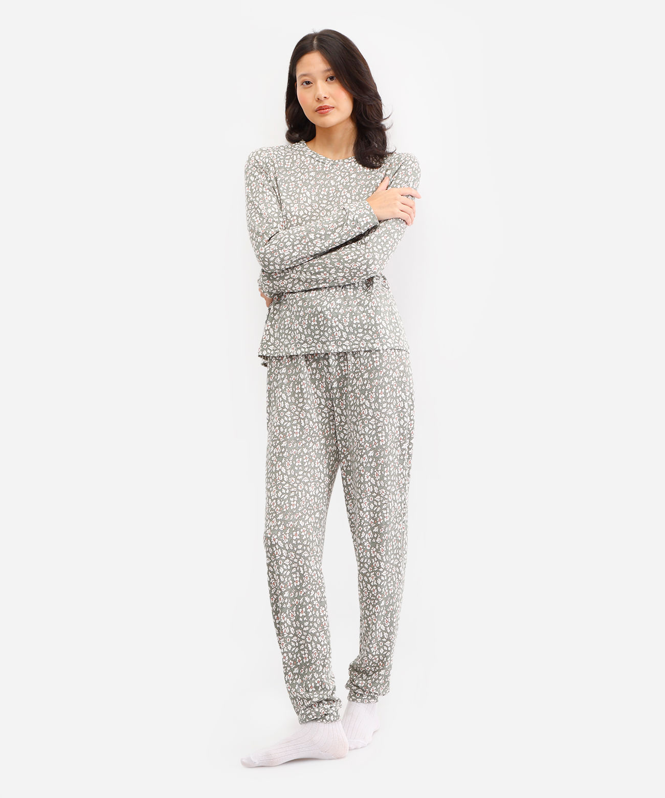 pijama longo feminino floral verde