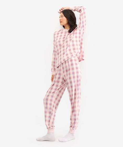 pijama longo feminino de plush xadrez rosa