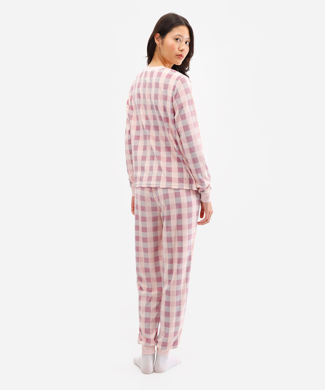 pijama longo feminino de plush xadrez rosa