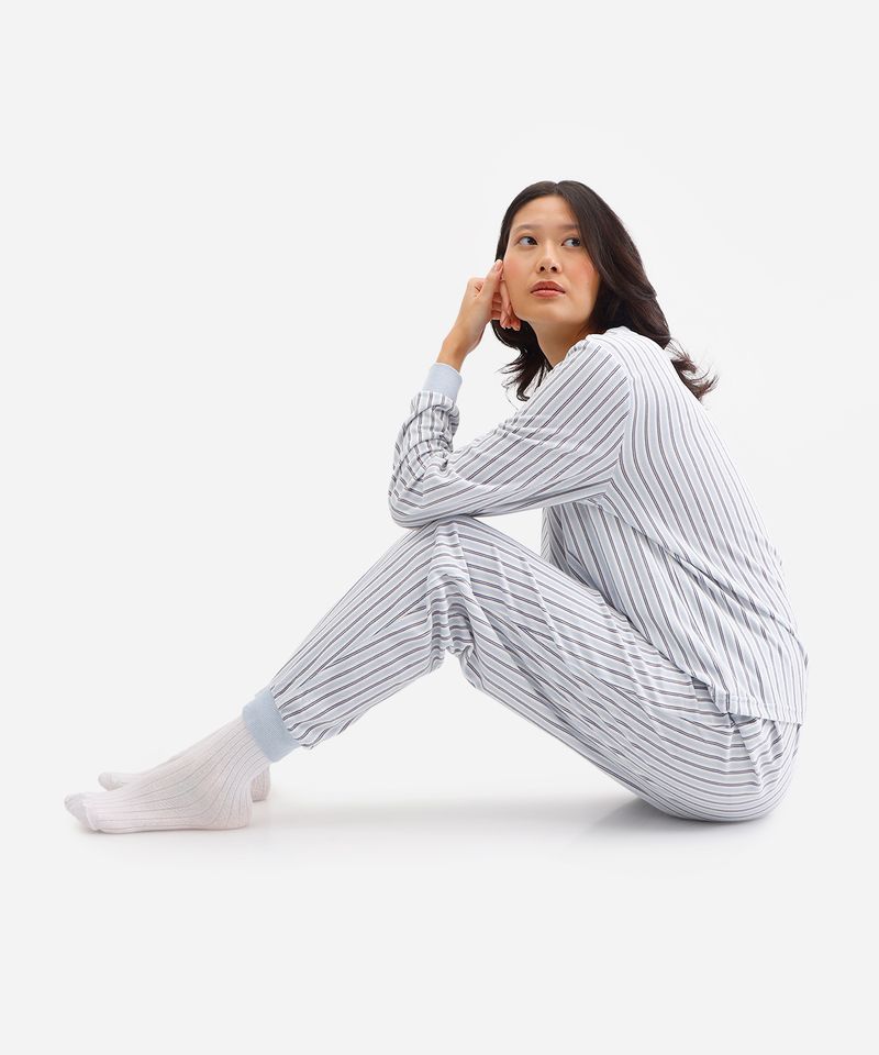 pijama longo feminino de plush listrado azul