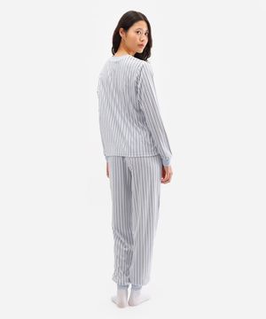 pijama longo feminino de plush listrado azul