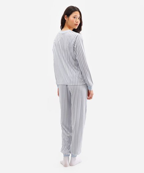 pijama longo feminino de plush listrado azul