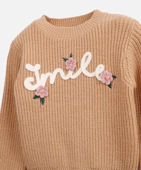 suéter infantil de tricot smile floral bege