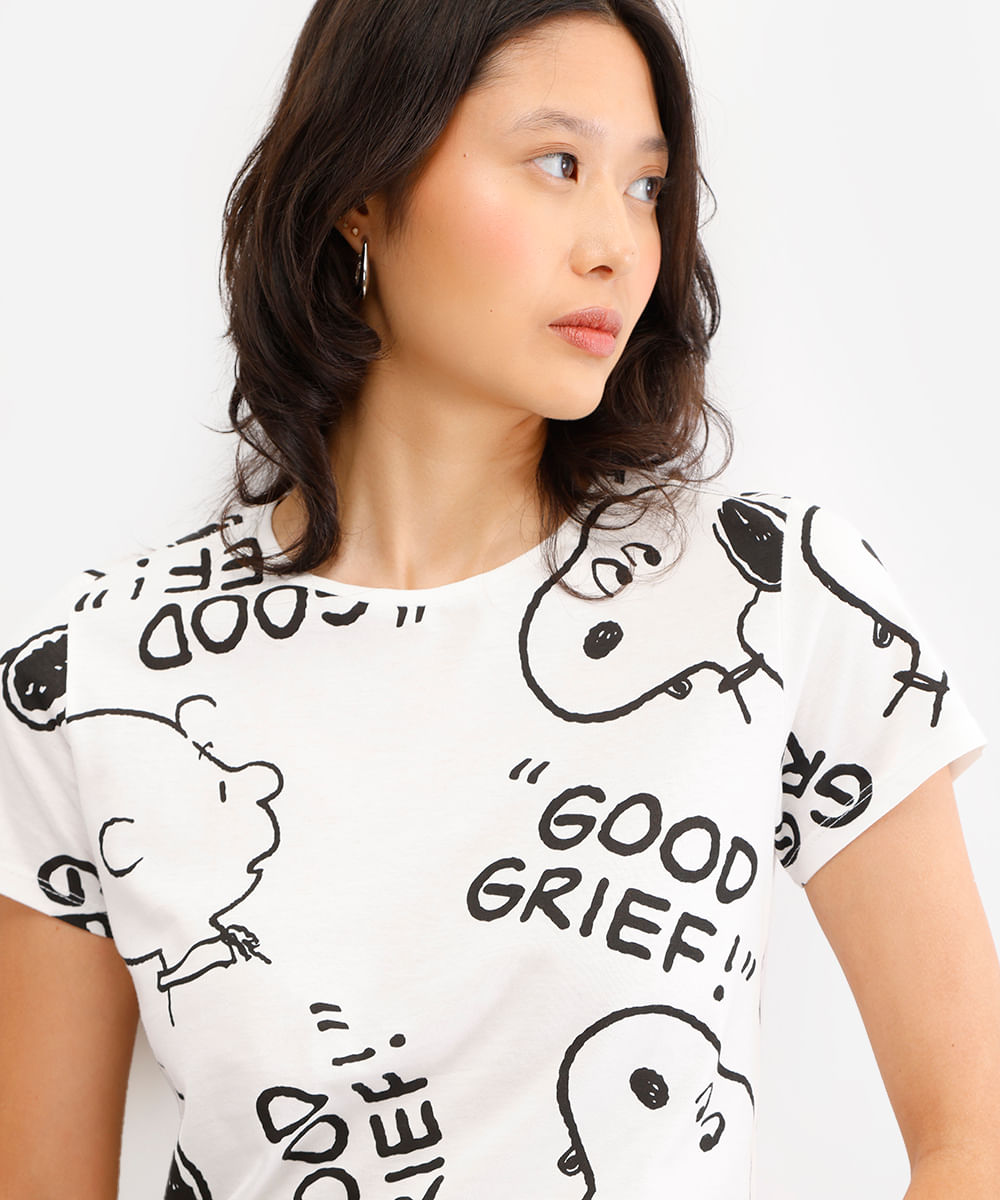 camiseta feminina de algodão good grief snoopy off white