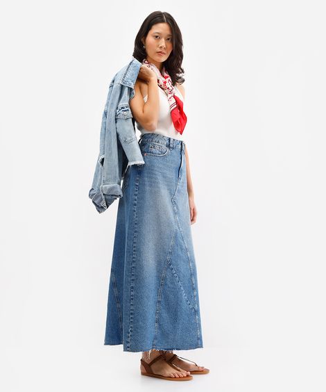 saia longa feminina jeans com fenda azul