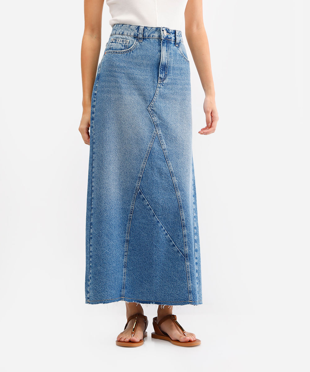 saia longa feminina jeans com fenda azul