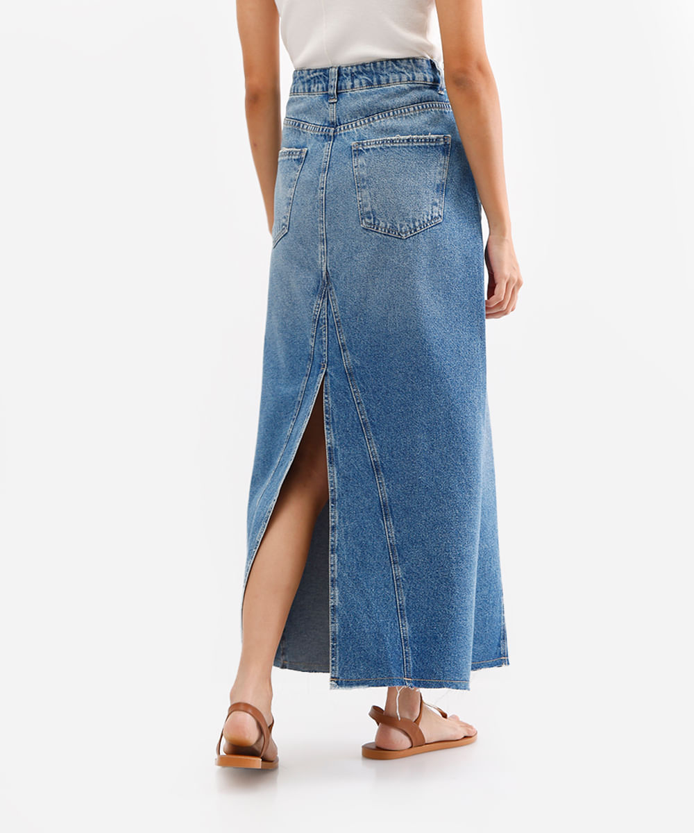 saia longa feminina jeans com fenda azul