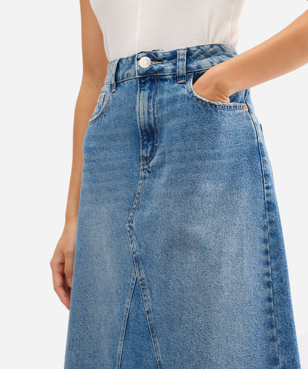 saia longa feminina jeans com fenda azul