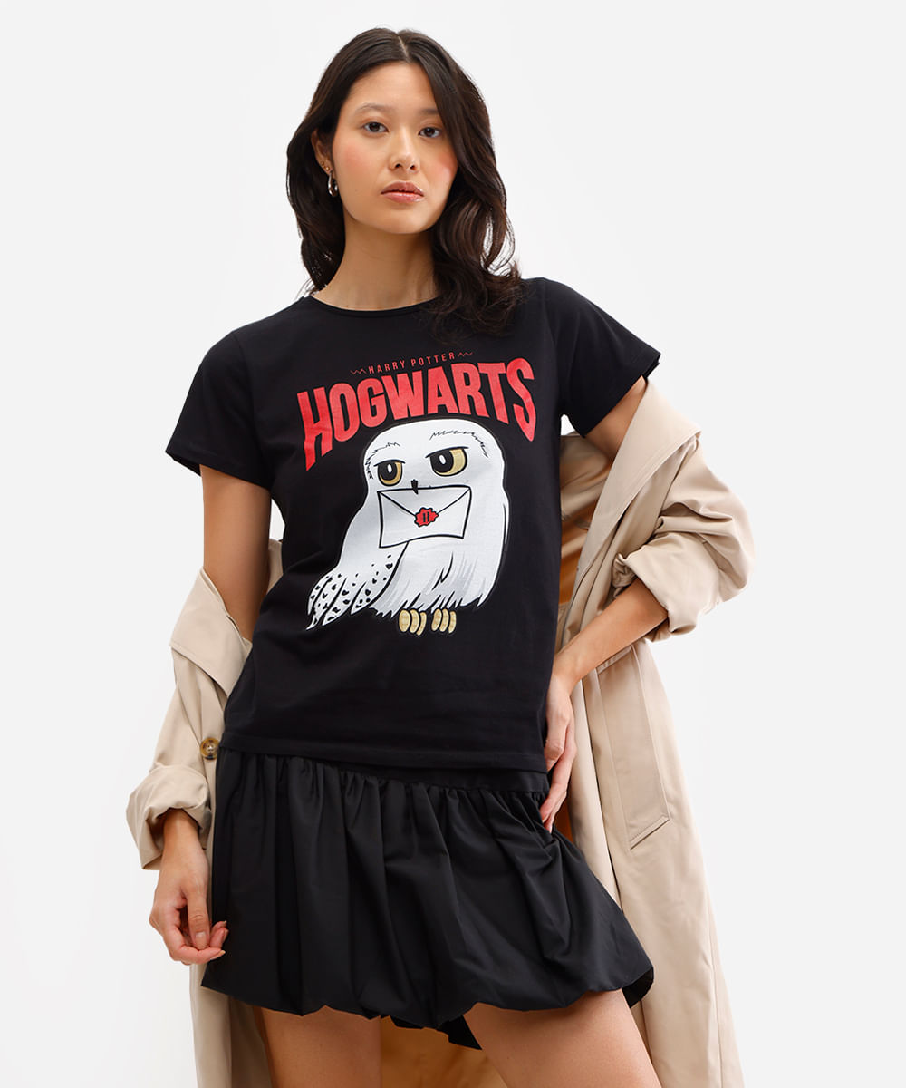 camiseta feminina de algodão edwiges harry potter preta