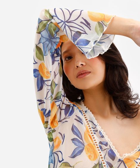 bata feminina de tule manga longa folhagens laranja