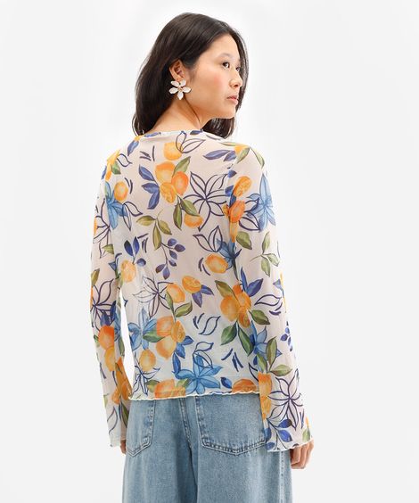 bata feminina de tule manga longa folhagens laranja