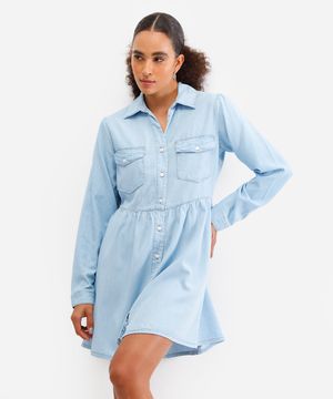 chemise curto feminino jeans manga longa azul
