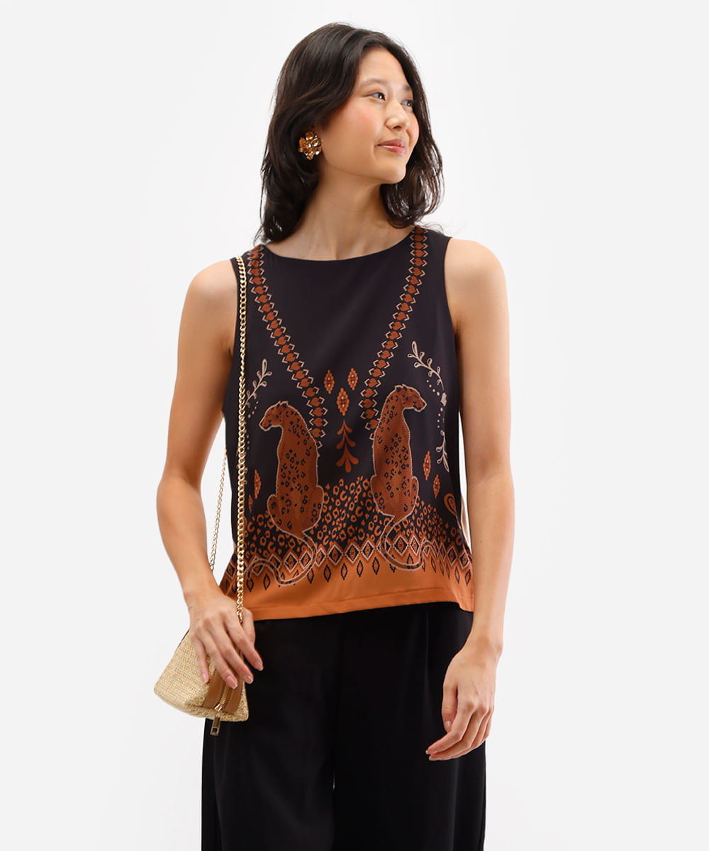 regata feminina de viscose animal print marrom