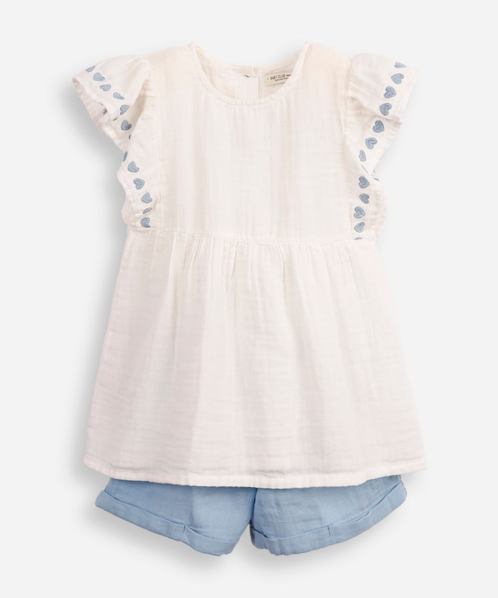 conjunto infantil curto com babados coração azul