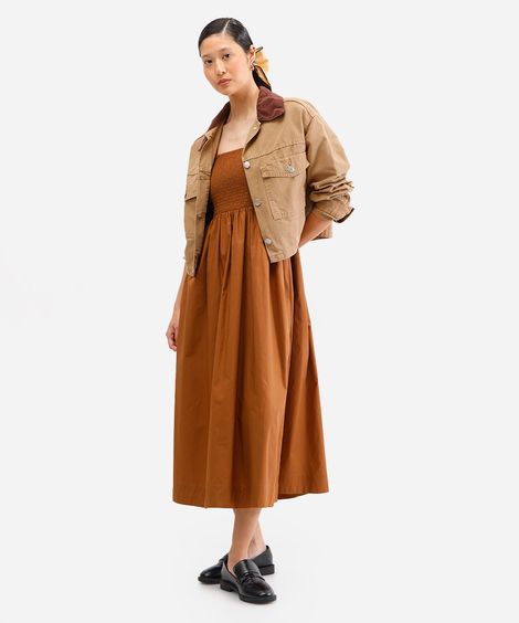 vestido midi feminino de algodão com lastex marrom